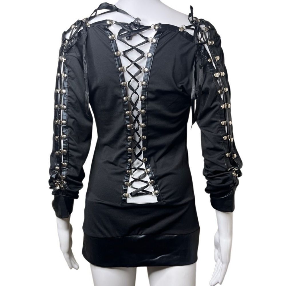 Long Sleeve Lattice Lace Up Mini Dress Black Size Medium